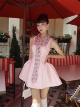 Checked Shirt Collar Sleeveless Puffy mini Dress in pink