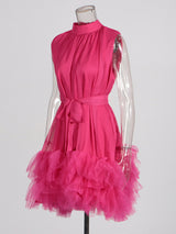 half-high-neckline tulle mini dress in pink