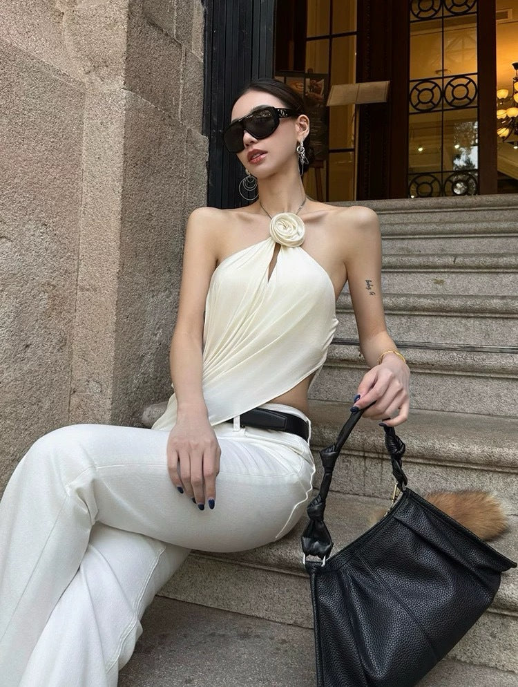 Satin Cowl Neck Halter Top in white