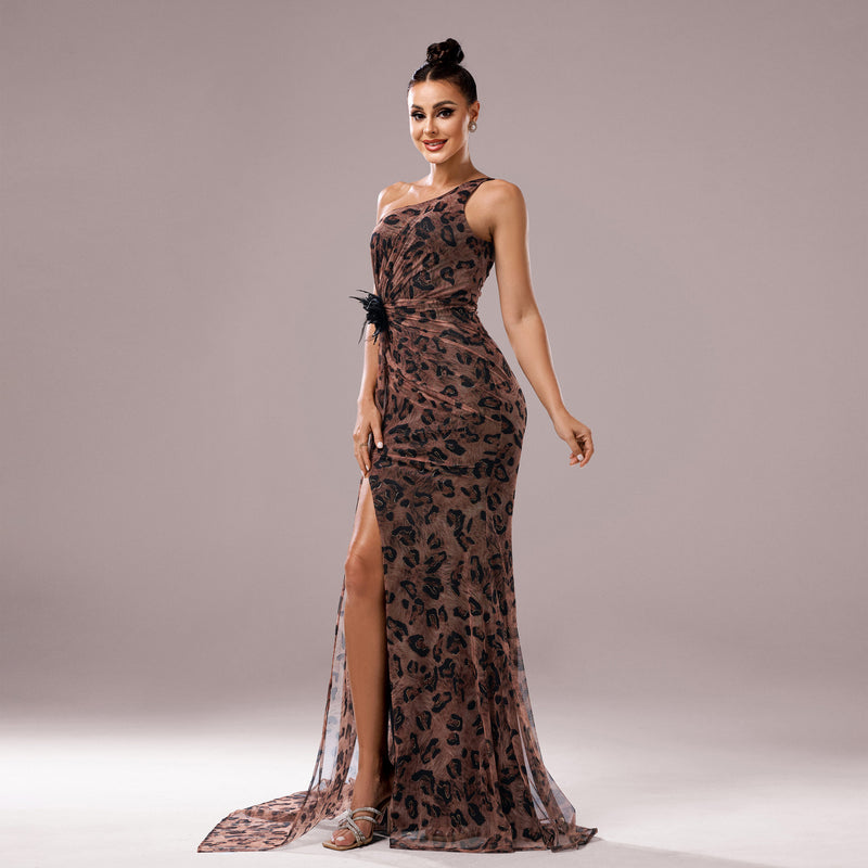 jocelyn High Slit Feather One-shoulder Maxi Dress