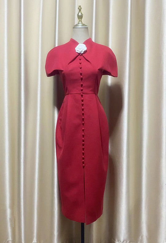 THERA HIGH COLLAR SINGLE BREASTED MIDI DRESS IN RED