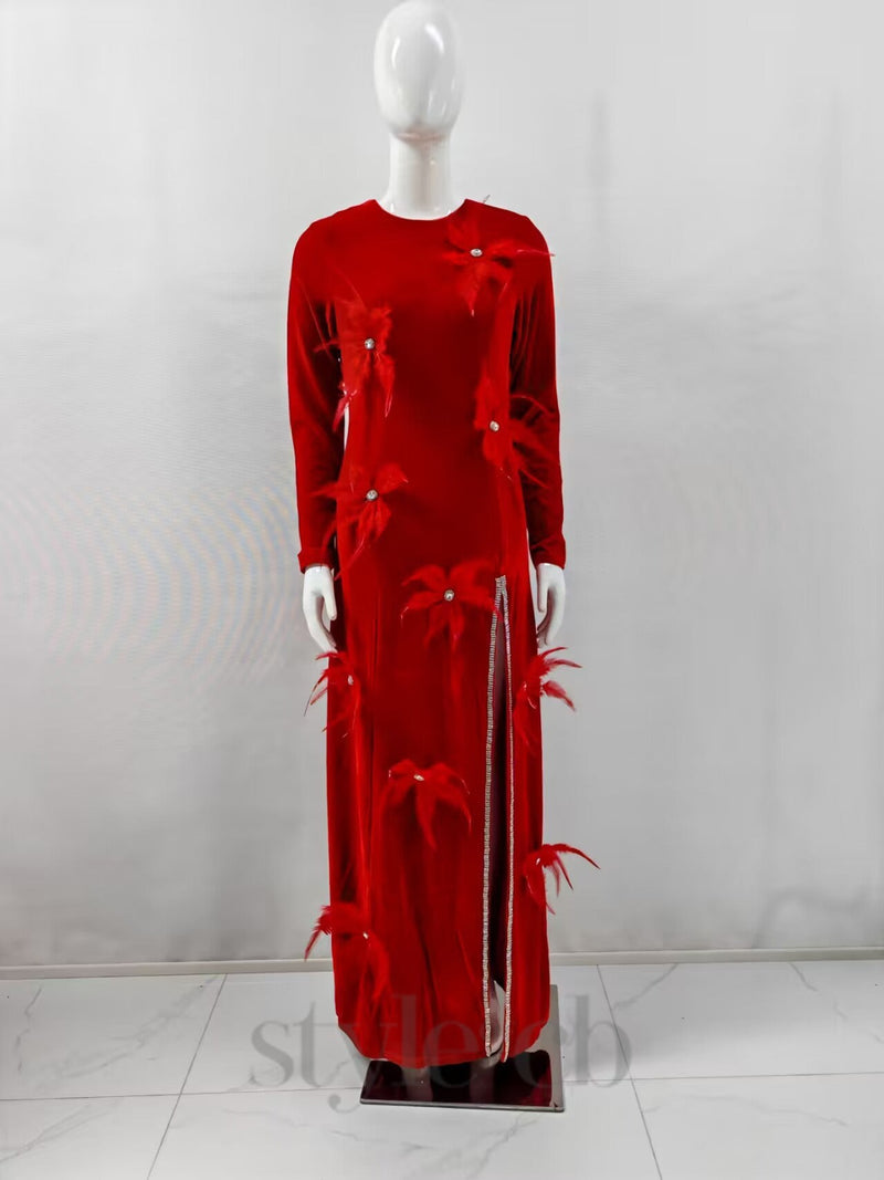 3d feather flower velvet maxi dress in red