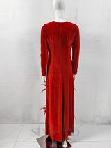 3d feather flower velvet maxi dress in red