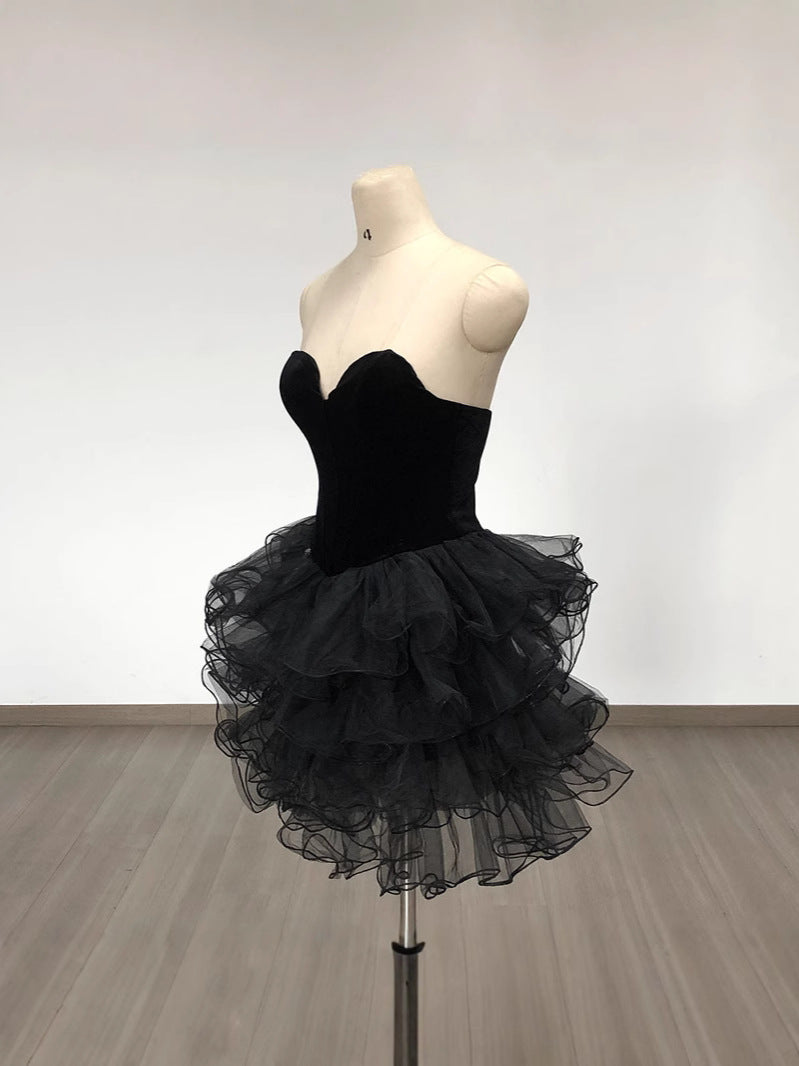 strapless ruffled organza corset mini dress in black