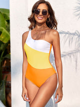 Tri-Color Colorblock One-Shoulder Swimsuit