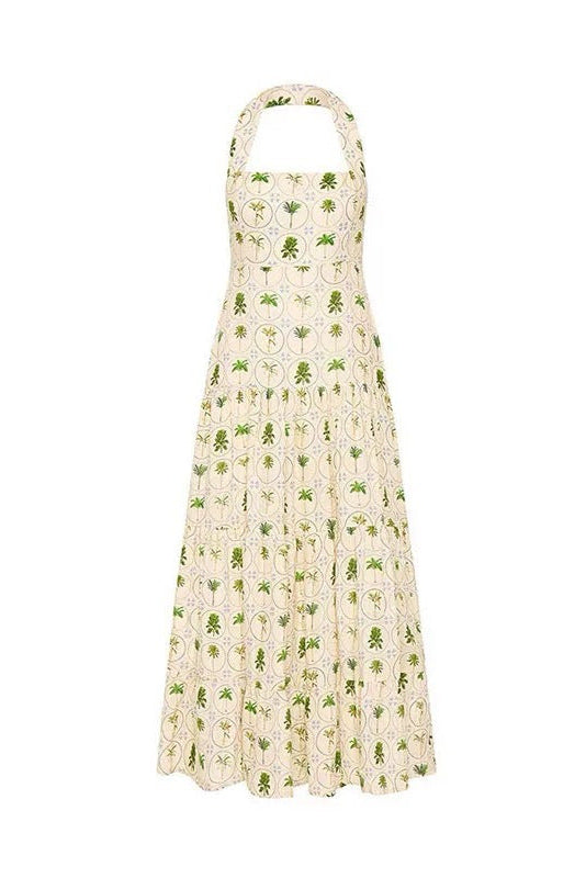 halter neck backless layered floral print maxi dress in green