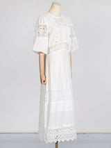 HAZEL WHITE EMBROIDERED ROUND NECK PUFF SLEEVE MIDI DRESS