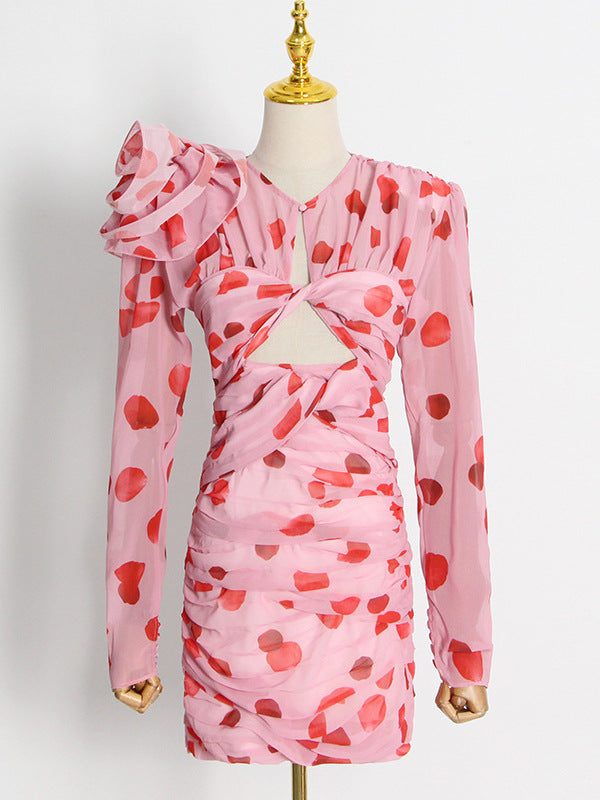 PETAL PRINT CUTOUT MINI DRESS IN PINK