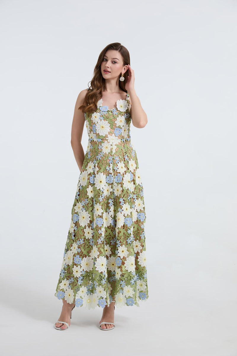 celeste floral hollow stitching maxi dress in green