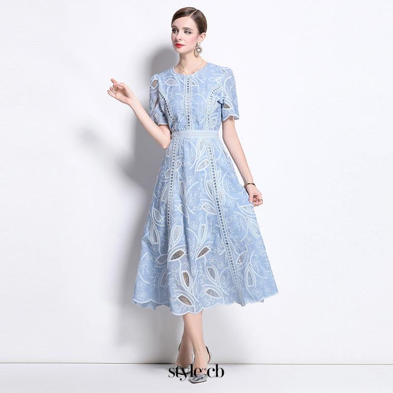dana hollow embroidery lace midi dress in blue