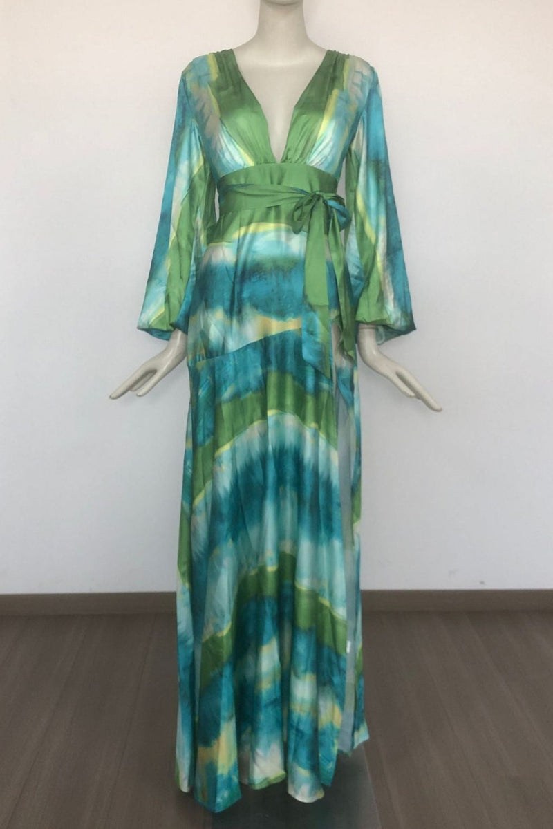 Green multicolor floral print puff sleeve maxi dress