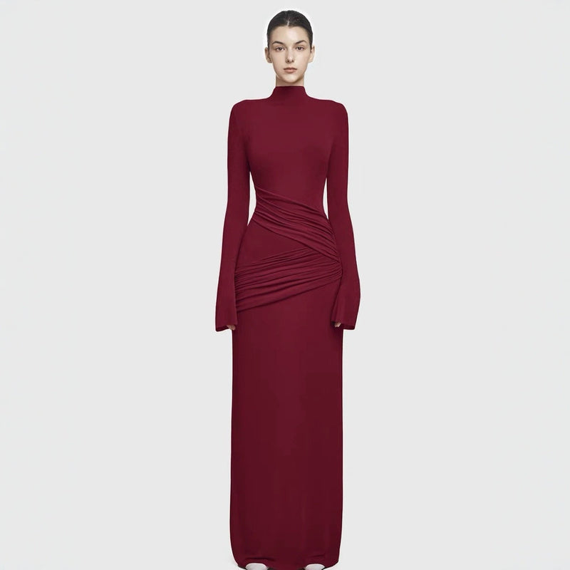 Half turtleneck pleated bodycon maxi dress