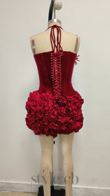 velvet corset floral mini skirt suit in red