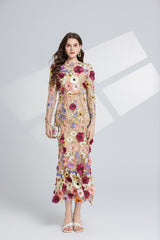 CAROL brown FLORAL EMBROIDERY MESH LONG SLEEVE MIDI DRESS