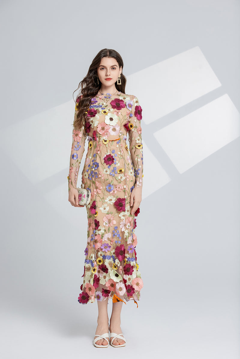 CAROL brown FLORAL EMBROIDERY MESH LONG SLEEVE MIDI DRESS