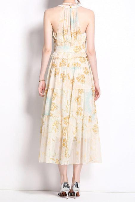 elvira print sleeveless halterneck midi dress in yellow