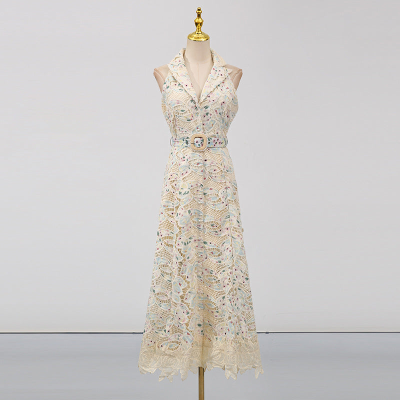 chloe sleeveless hollow lace maxi dress in beige