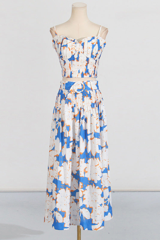 Pleated floral-print linen bustier top skirt set in blue
