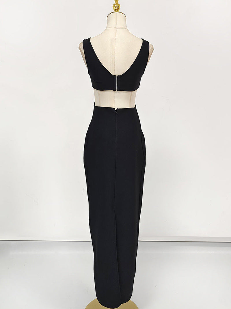 flower V-neck Hollow Out maxi Dress in black