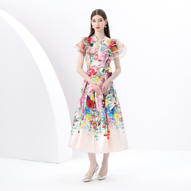 daphne ruffled a-line print midi dress
