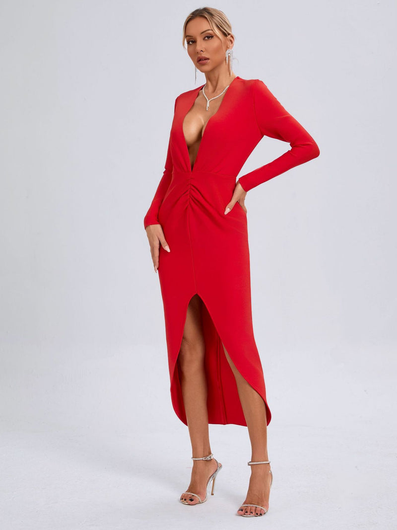 SHERRY RED V-NECK SLIT BODYCON MIDI DRESS