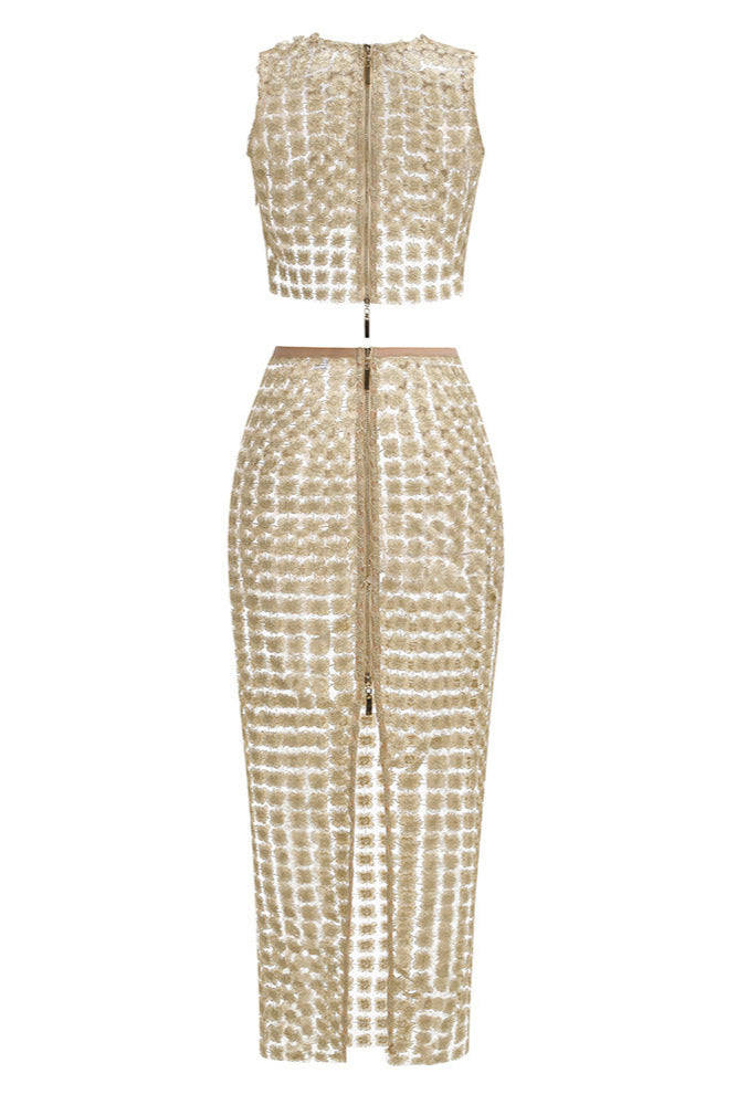 apricot Sheer plaid fishtail maxi skirt two piece of set