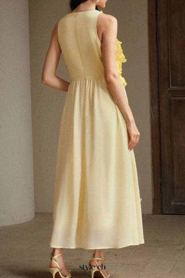 3d flower embellished sleeveless maxi dress in yellow