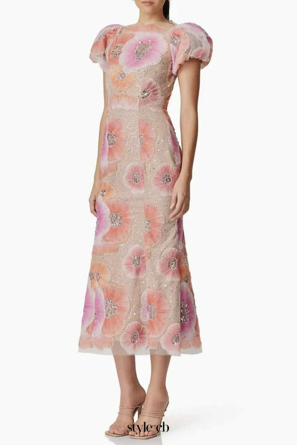 lydia puff sleeve Floral Midi Dress in Pink