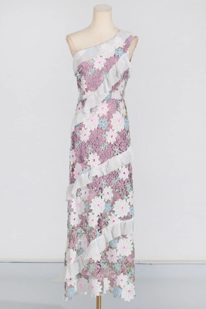 Floral One Shoulder Lace Maxi Dress in purple