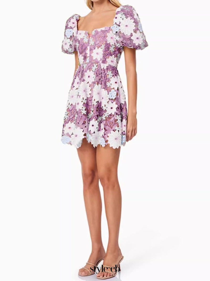 winifred Hollow hook lace mini dress in purple