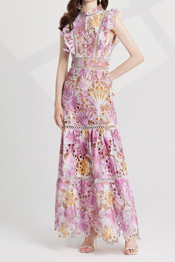 chloe hollow out flower embroidery maxi dress in pink purple
