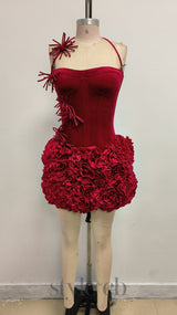 velvet corset floral mini skirt suit in red