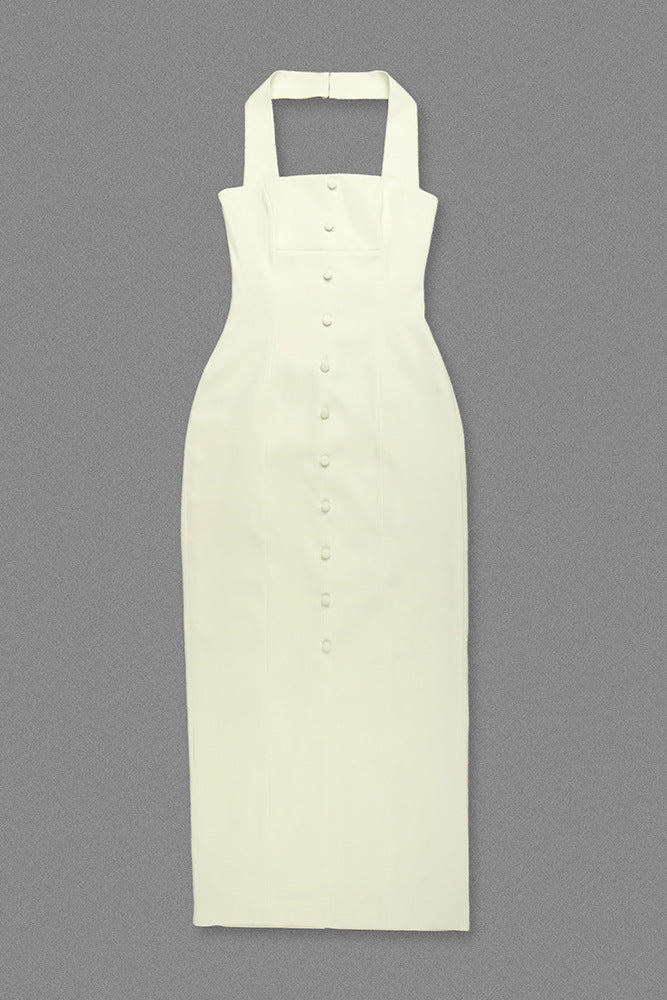 Almond Woven Halter Button Maxi Dress