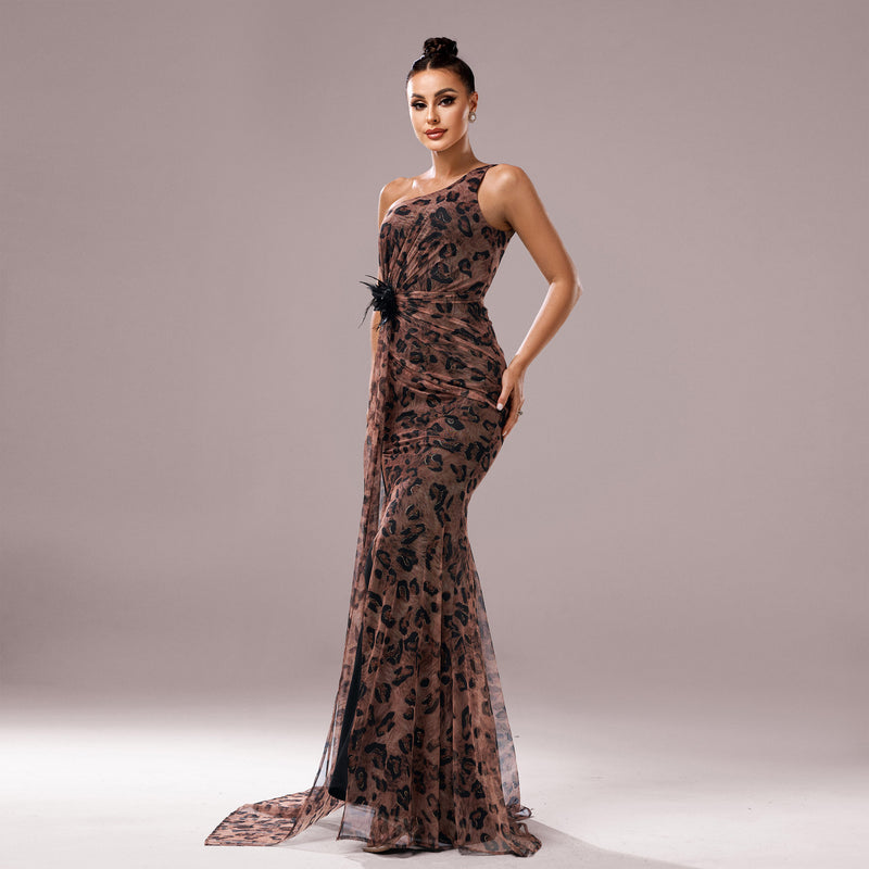 jocelyn High Slit Feather One-shoulder Maxi Dress