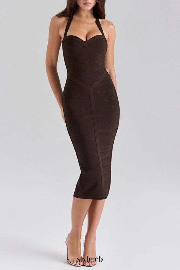 chocolate halter bodycon midi bandage dress