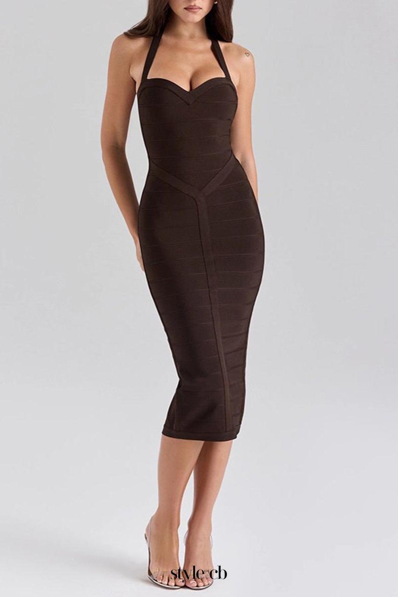 chocolate halter bodycon midi bandage dress