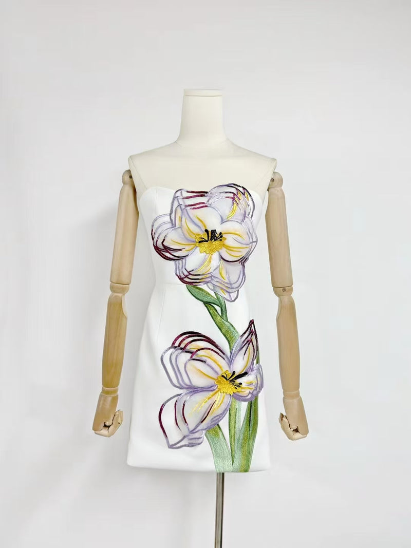 Rosario Appliqué Floral Bustier Mini Dress in white