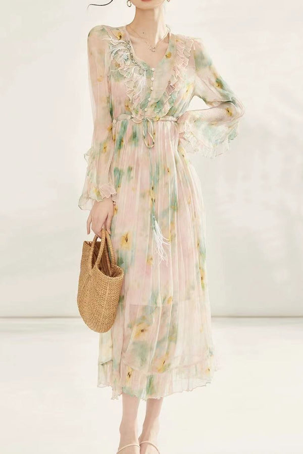 floral print chiffon silk midi dress in pale green