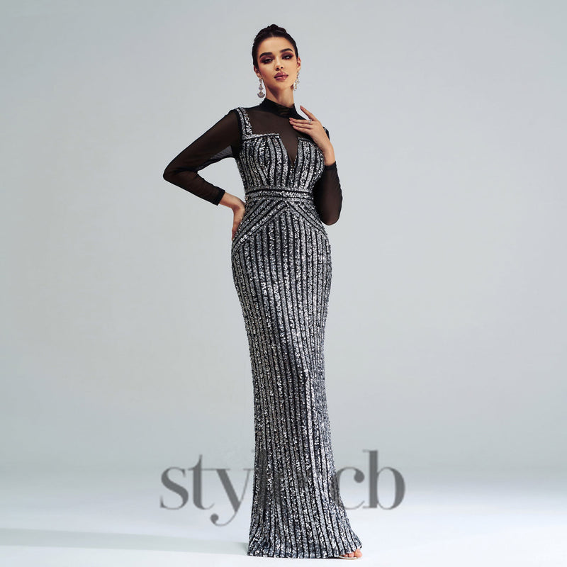 stand collar sequin panel maxi dress in black