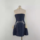 embroidered flower lapel tulle mini dress in dark blue