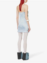 BOW-PRINT TULLE-TRIMS SATIN MINI DRESS IN PALE BLUE