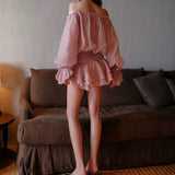 puff sleeve strapless mini dress in misty pink