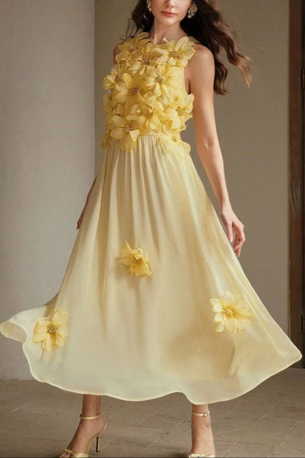 3d flower embellished sleeveless maxi dress in yellow