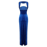 josephine off-shoulder velvet sash gown in blue