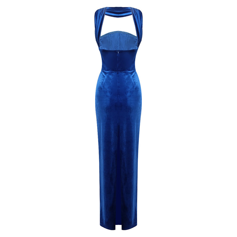 josephine off-shoulder velvet sash gown in blue