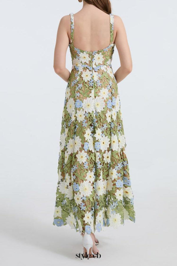 celeste floral hollow stitching maxi dress in green