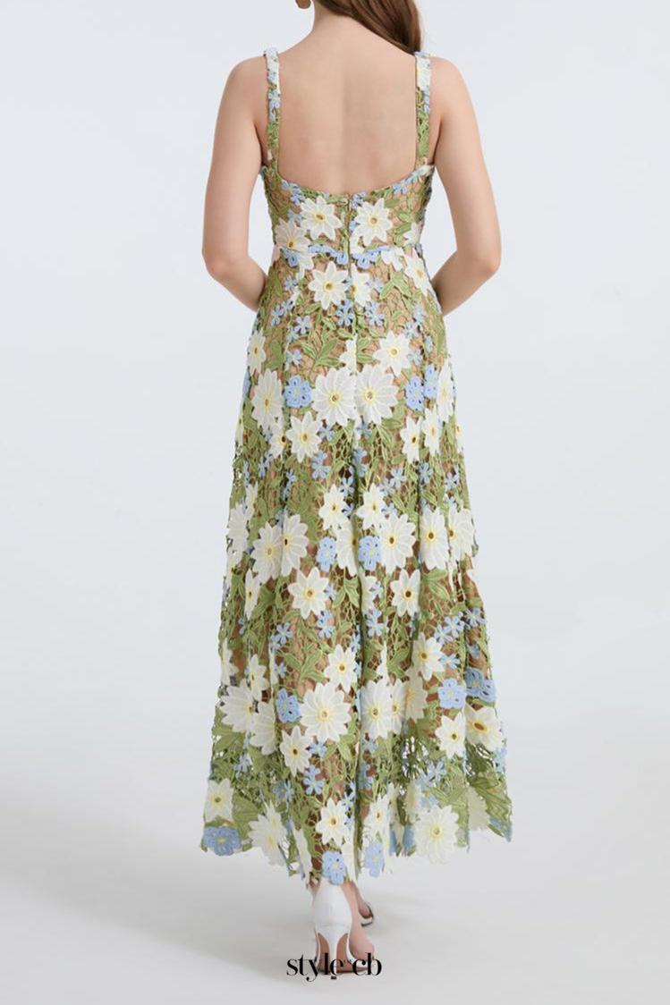 celeste floral hollow stitching maxi dress in green