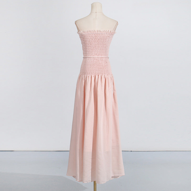 pleated belt chiffon strapless maxi dress in pale pink