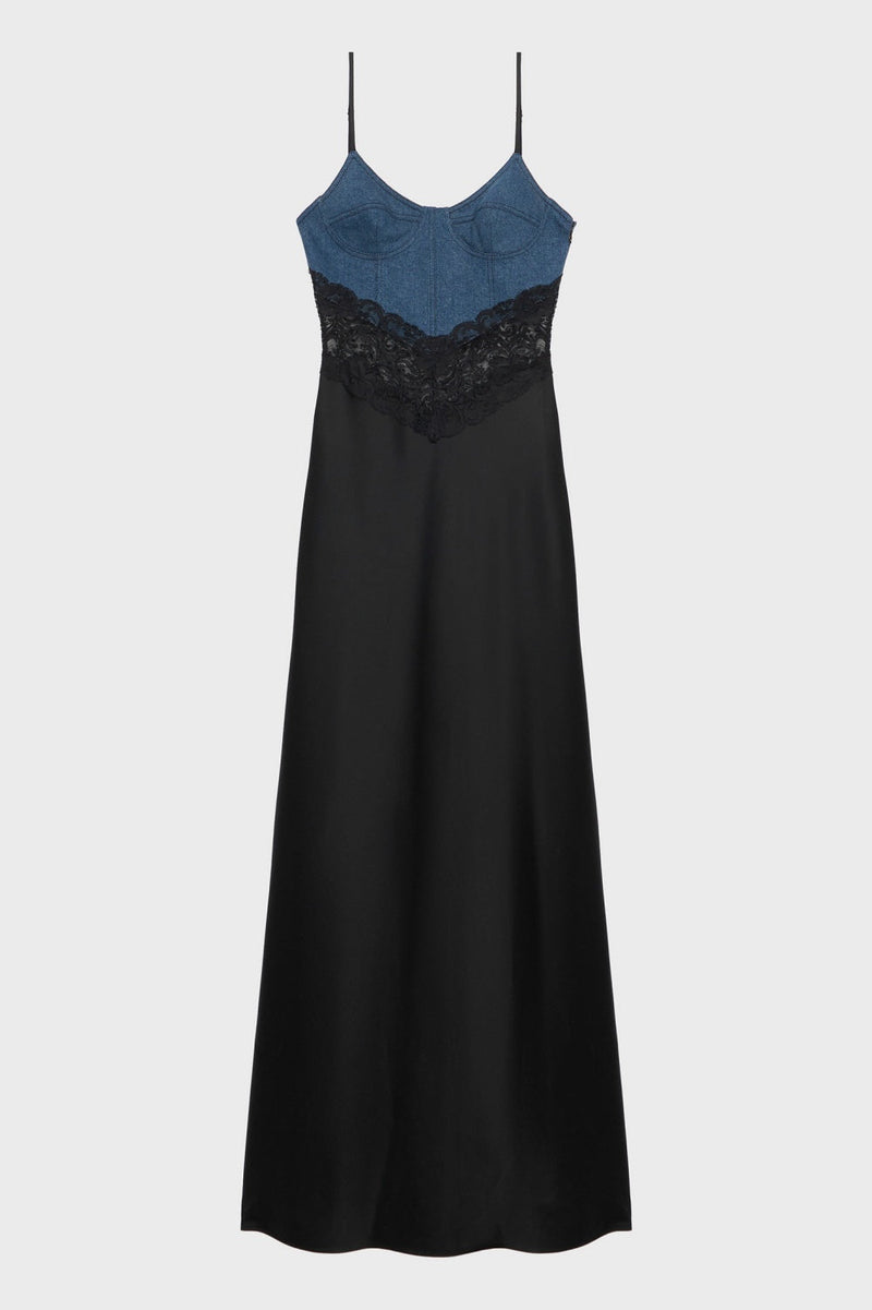 Olathe Denim Lace Satin Maxi Dress