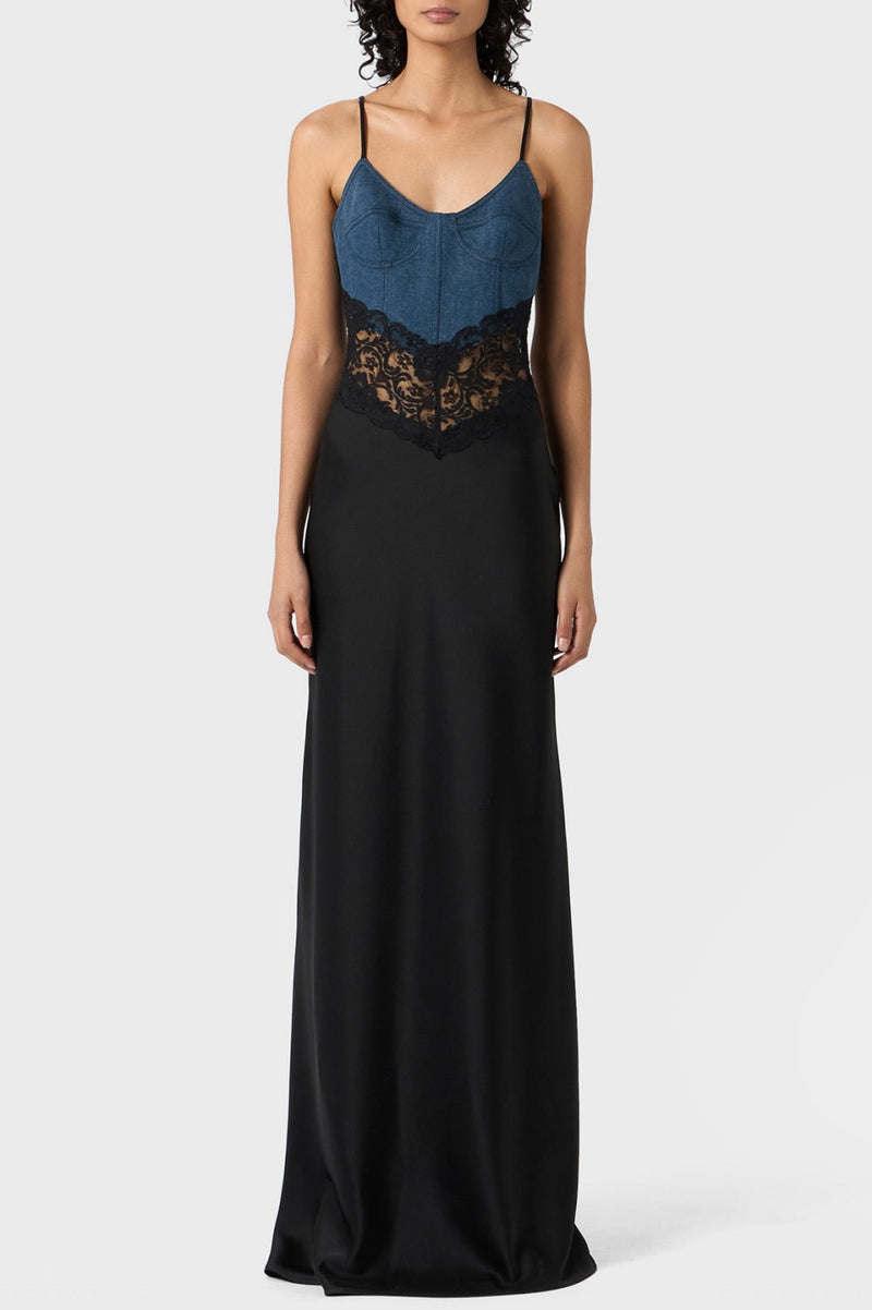 Olathe Denim Lace Satin Maxi Dress